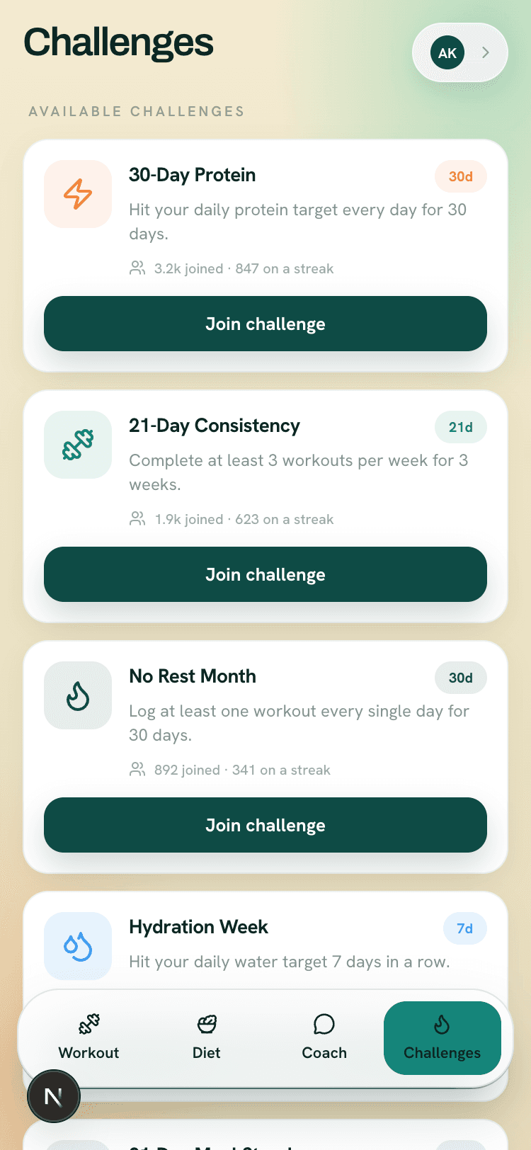 Challenges tab with active goals and streak