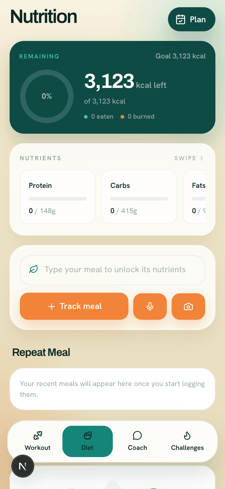 Diet log with track-meal, voice, and photo inputs