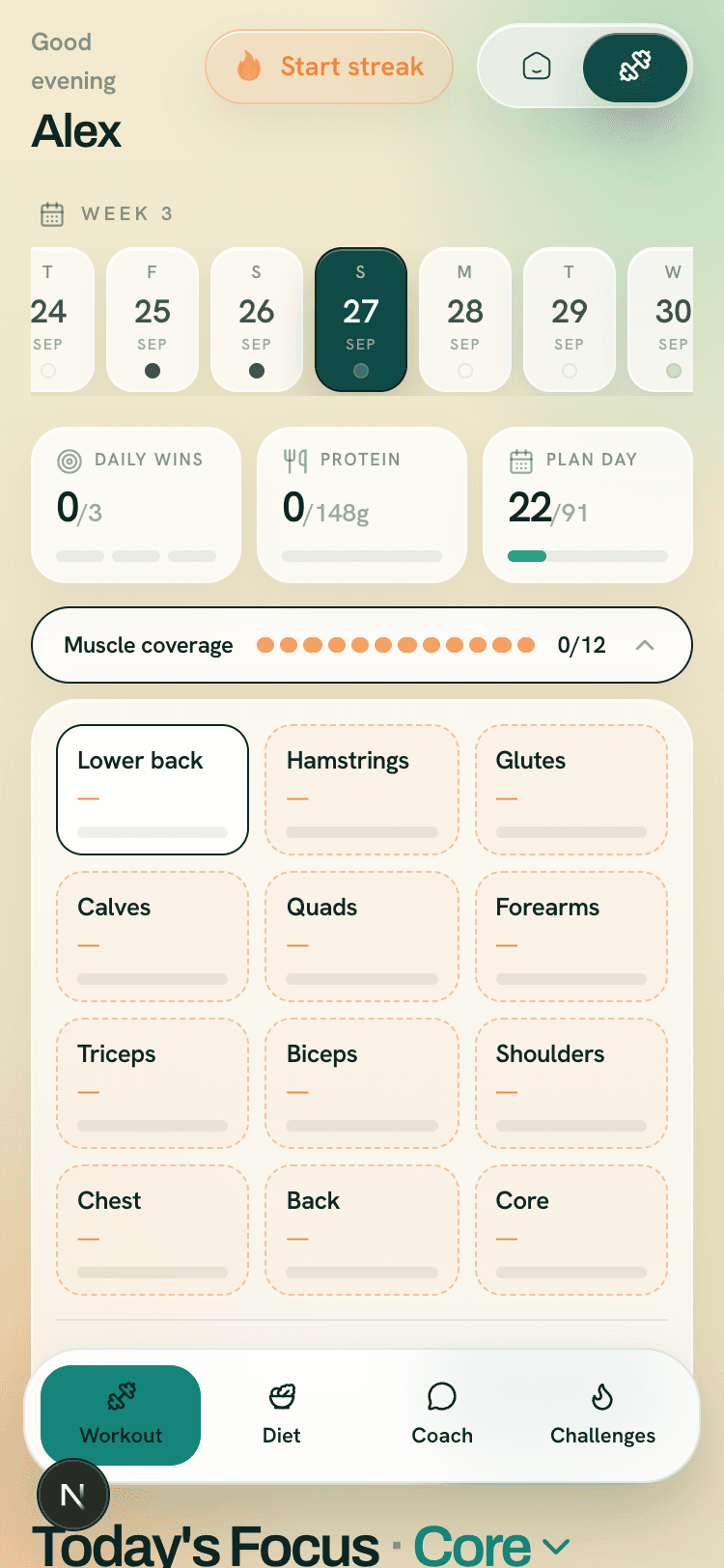 Muscle coverage view showing 12 muscle groups