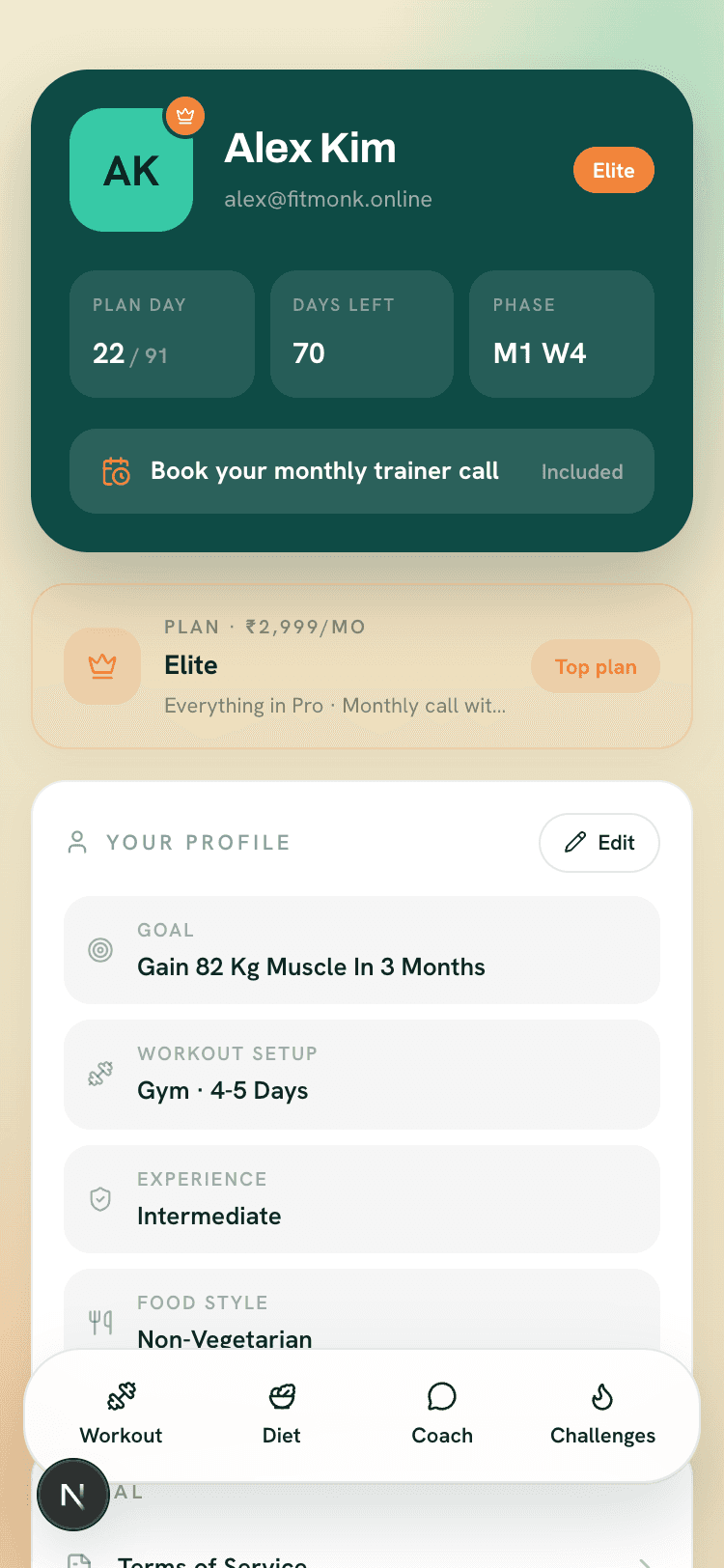 Profile with plan cycle progress and settings