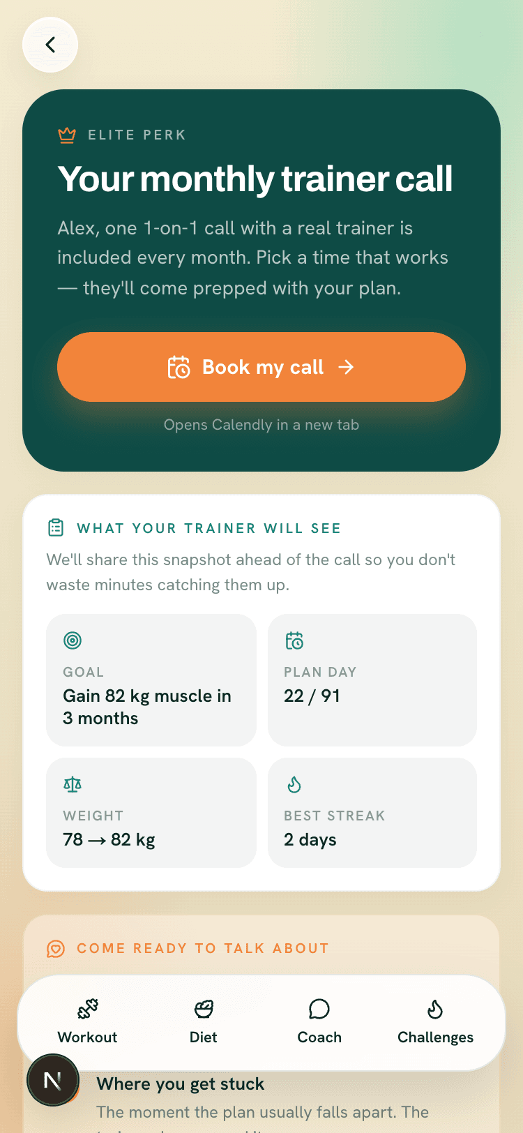 Elite trainer call booking screen