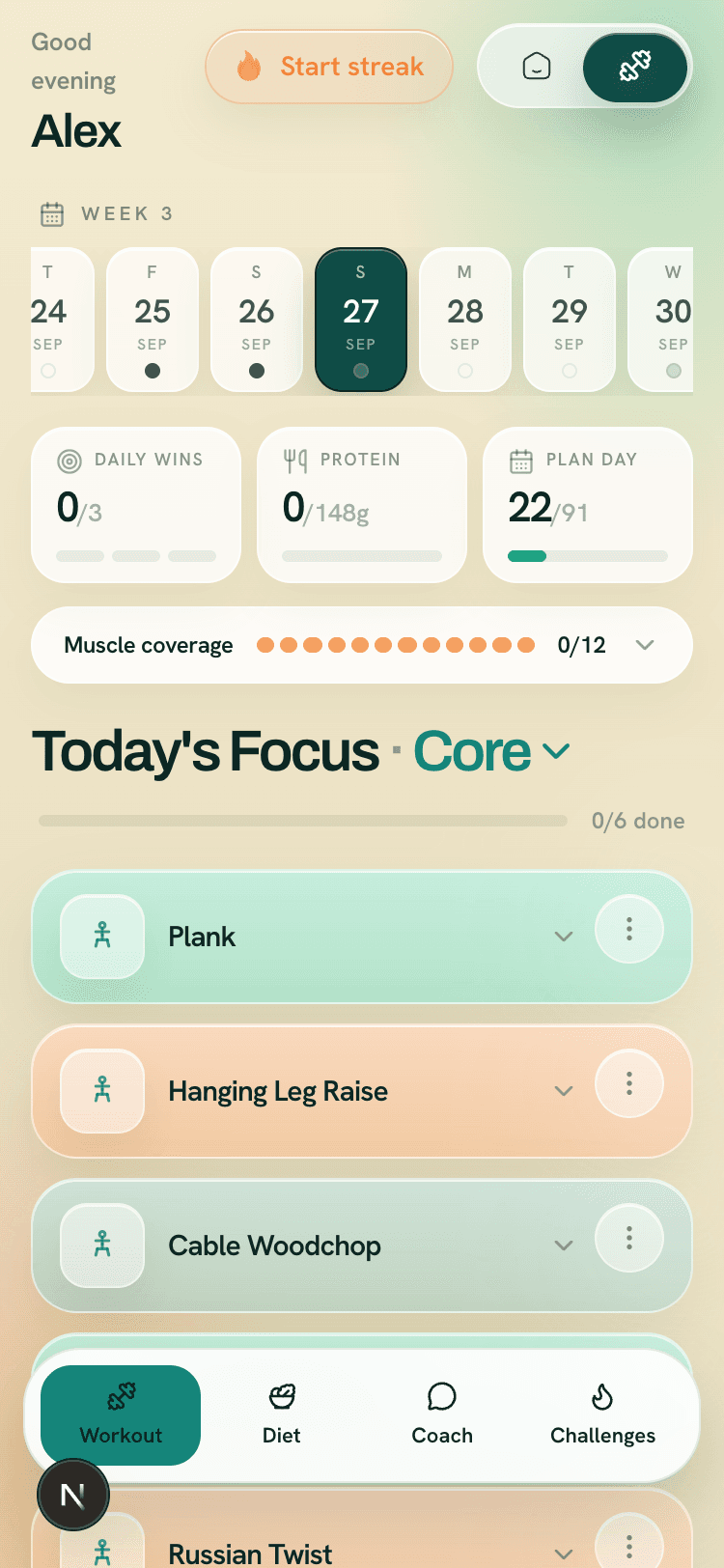 Workout home screen with today's core session
