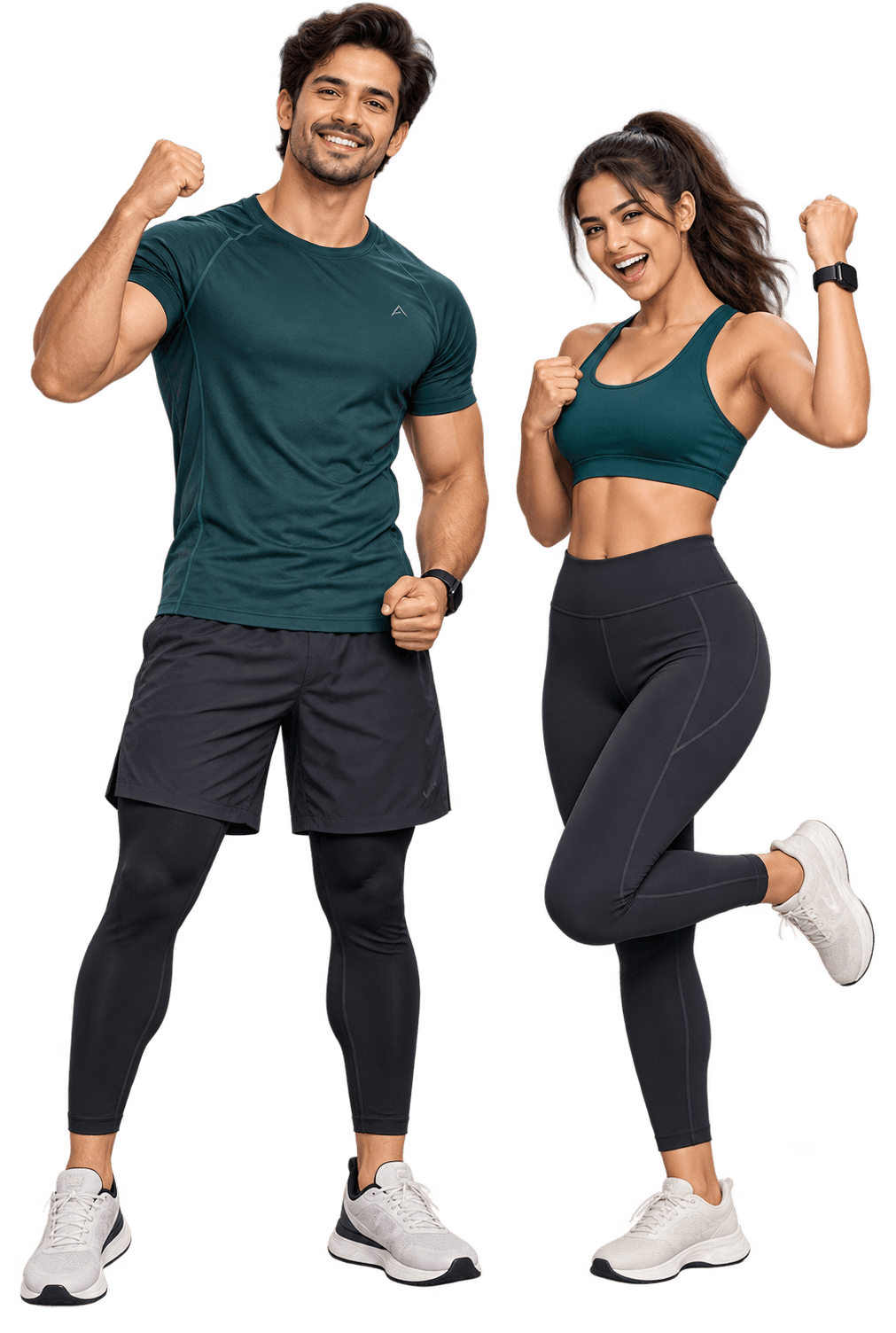 A smiling man and woman in workout clothes, ready to train